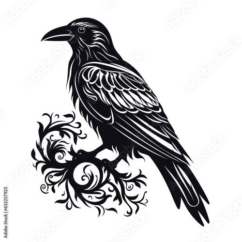 Raven Silhouette Tattoo with Viking Symbols on White Background AI Generated