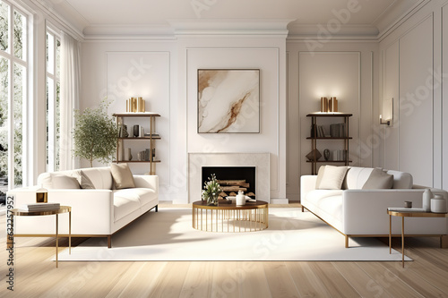 Contemporary Elegance Spacious Living Room with White Empty Wall  Hardwood Floors  Designer Furniture  and Cozy Fluffy Rug. created with Generative AI