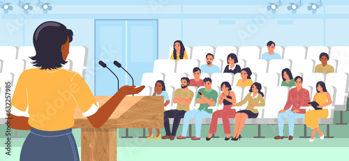 Conference vector illustration with woman speaker character photo