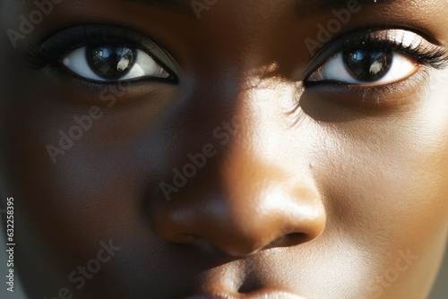 The face of an African American woman in the rays of the sun close-up. Generative AI photo