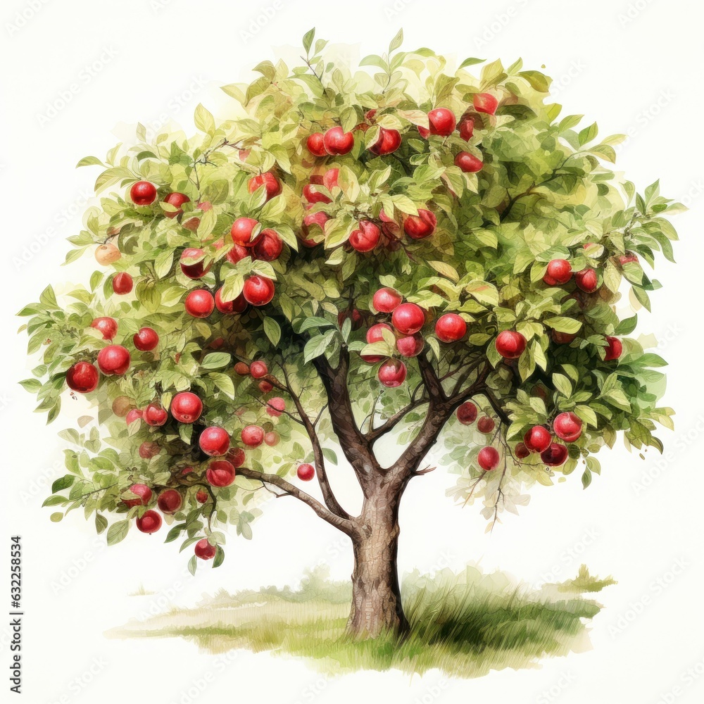 Watercolor Apple Tree Clipart on White Background AI Generated