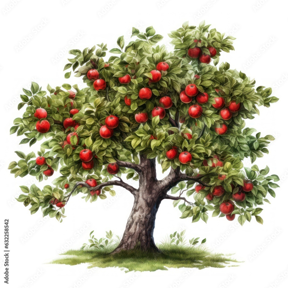Watercolor Apple Tree Clipart on White Background AI Generated
