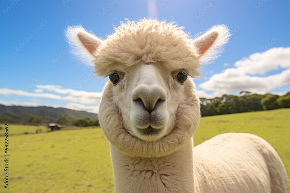 Close up of white alpaca looking straight ahead in the beautiful green meadow. AI generated Close up of white alpaca looking straight ahead in the beautiful green meadow. AI generated