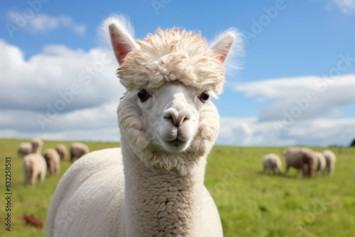 Close up of white alpaca looking straight ahead in the beautiful green meadow. AI generated photo
