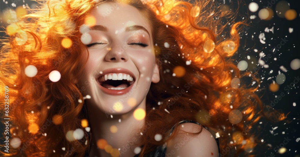 Joyful Woman Laughing in Front of Confetti AI Generated Joyful Woman Laughing in Front of Confetti AI Generated
