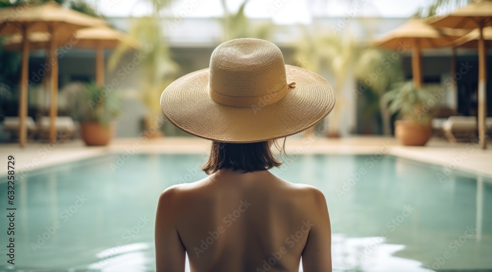Luxurious Woman Standing at the Pool in a Straw Hat AI Generated