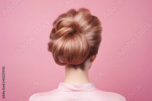 Hairdresser makes complex and beautiful hairstyle upper bun. AI generated