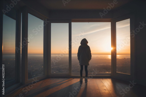  Image capturing a poignant moment as a person looks out from a window, bathed in the warm glow of a setting sun © JES ARB