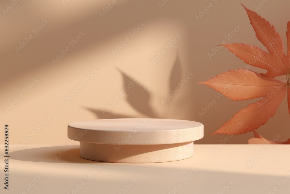 Wooden podium display with leaf shadow. Natural stone step pedestal. AI generated