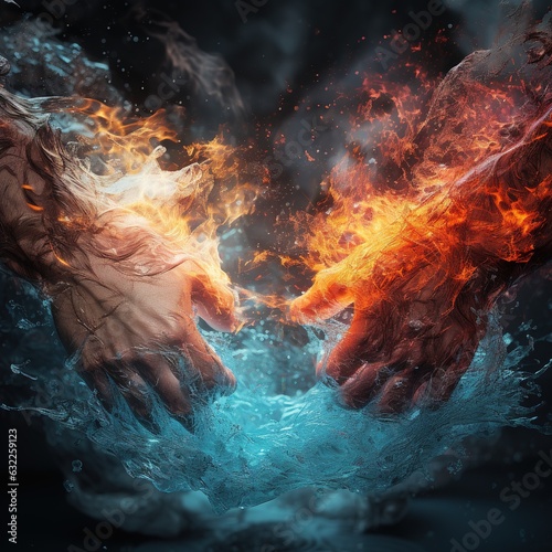 Hands of man and woman in fire and smoke on dark background. generative ai photo
