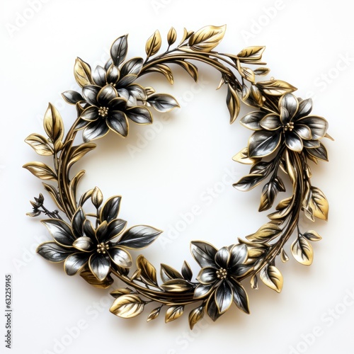 Elegant Black and White Wreath Around Thin Gold Frame Clipart on White Background AI Generated