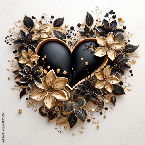 Elegant Black and White Wreath with Gold Frame and Hearts AI Generated