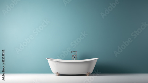 white bathtub isolated on white marble floor with green wall