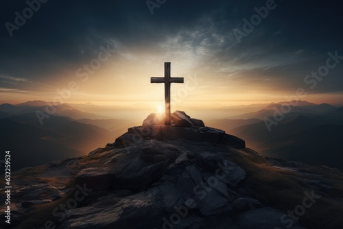 Rising Cross in Mountain Landscape at Sunrise AI Generated