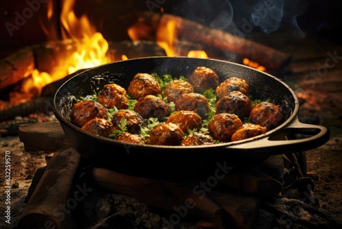 homemade meatballs cooking in a skillet