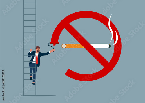 No smoking. Businessman climb up ladder to paint prohibition symbol smoking. Man is fighting to quit smoking. No smoking banner. Vector Illustration.