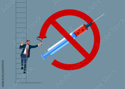 Businessman climb up ladder to paint prohibition against Drug Abuse. Man is fighting to quit Drug. International Day against Drug Abuse and Illicit Trafficking. Observed on 26th JUNE. 