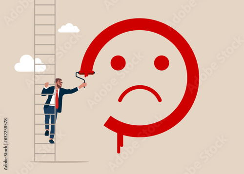 Businessman painting sad face. Burnout from tiring work or demotivation from failure, stress. Flat vector illustration