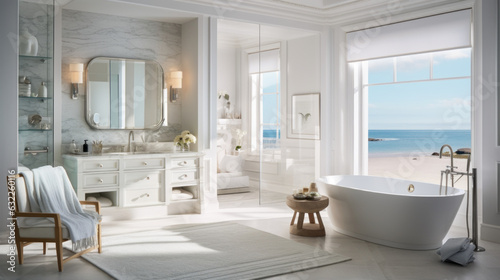 white bathroom with a mirror on the wall and a view of the open sea