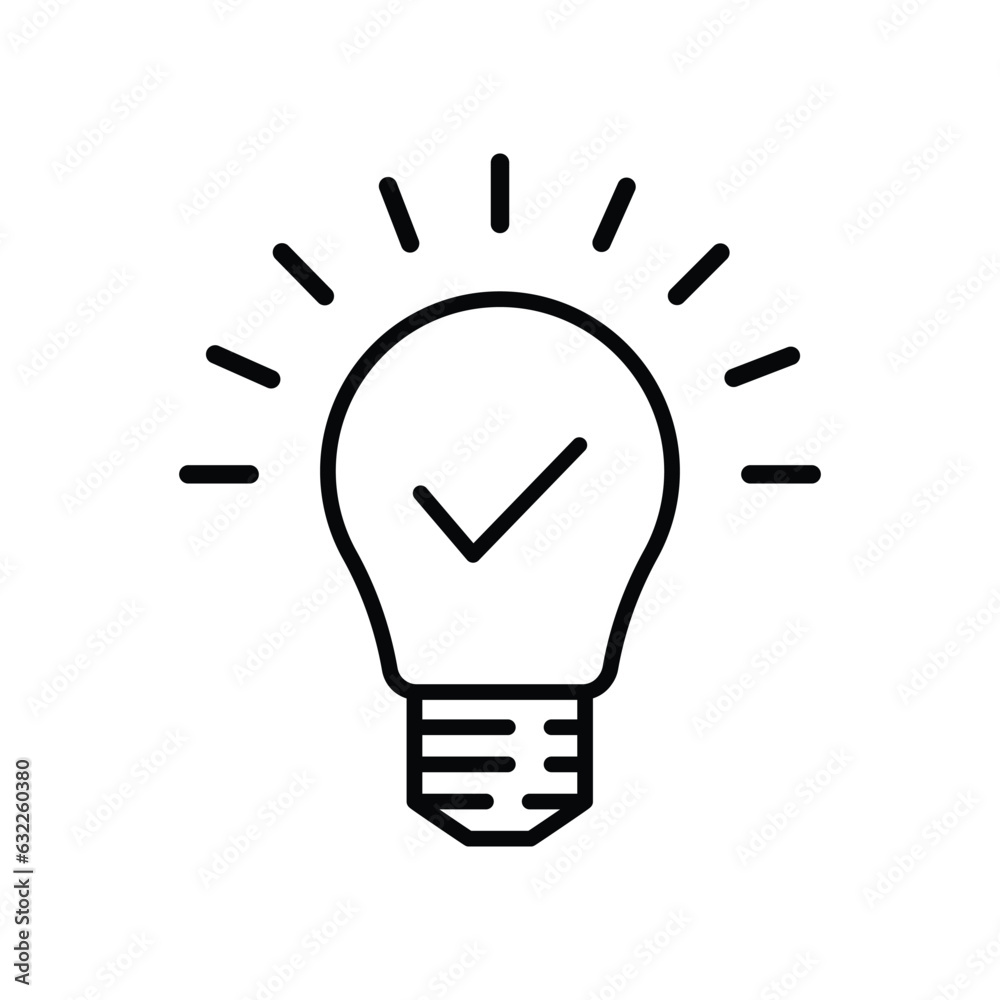 thin line black light bulb with checkmark. simple lineart style trend modern development logotype graphic stroke art design isolated on white. concept of linear lightbulb with rays and best option thin line black light bulb with checkmark. simple lineart style trend modern development logotype graphic stroke art design isolated on white. concept of linear lightbulb with rays and best option