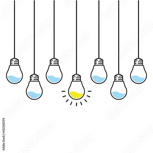 many hanging lightbulbs like unique idea. simple lineart style trend modern graphic stroke art design isolated on white. concept of think outside the box or bright rays in night or smart illumination