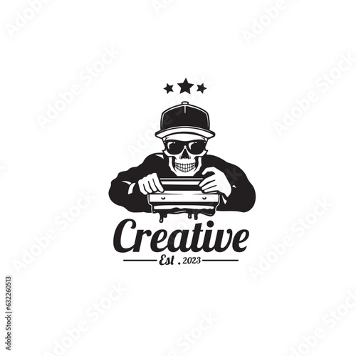design logo vintage screen printing with skull head vector illustration