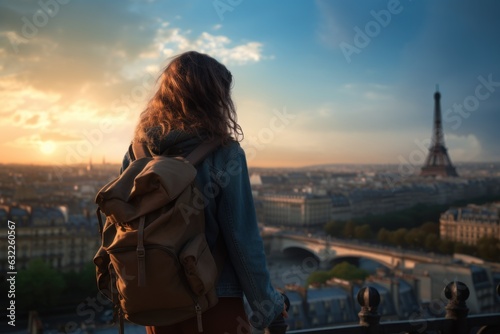 Woman Backpacker Traveling in Paris at Sunset AI Generated