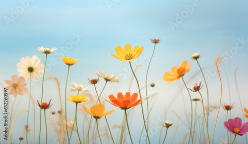 Vibrant Yellow Flower with Blue Sky over Meadow Background AI Generated