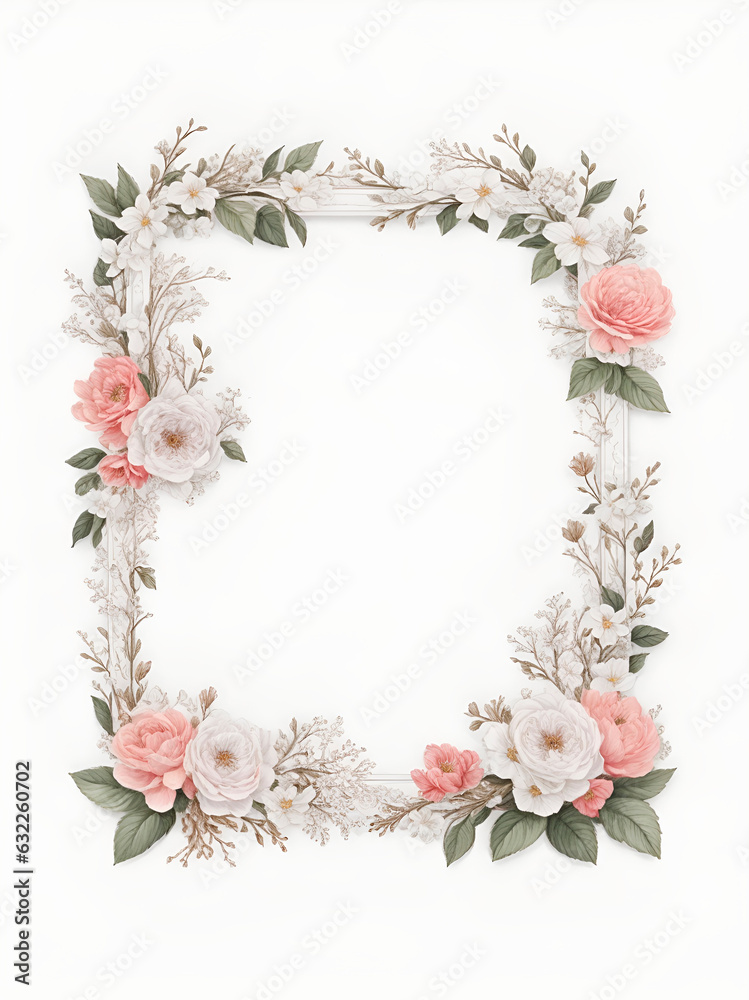 Cartel con flores blancas y rosas y hojas verdes sobre un fondo blanco liso y aislado. Vista de frente y de cerca. Copy space. IA Generativa 