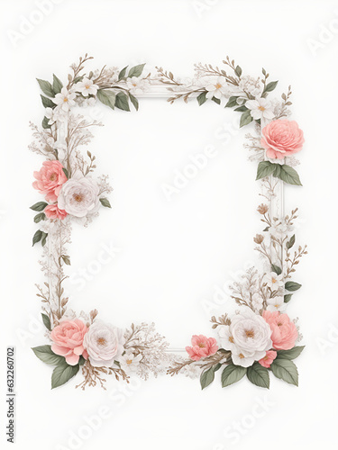 Cartel con flores blancas y rosas y hojas verdes sobre un fondo blanco liso y aislado. Vista de frente y de cerca. Copy space. IA Generativa 
