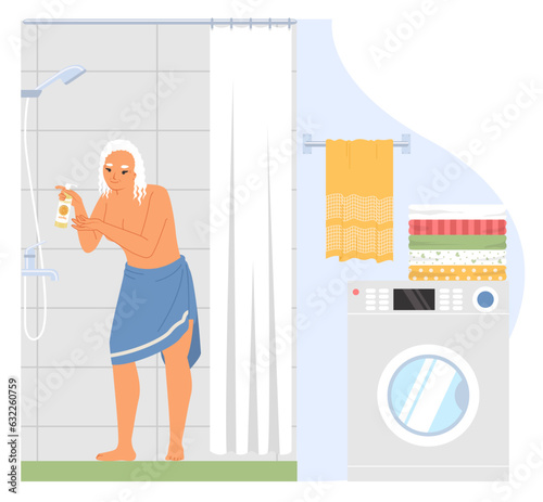 Elderly woman taking shower at home vector illustration