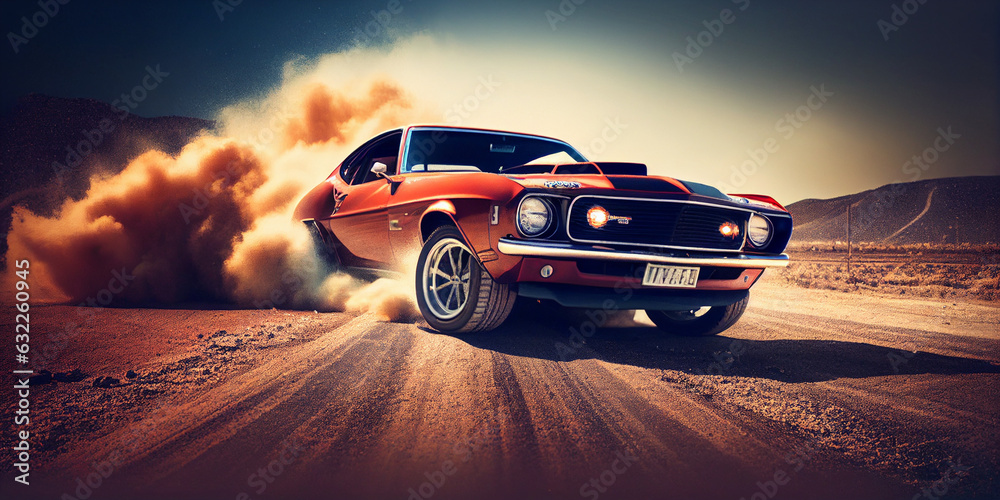 Muscle Car's High-Speed Chase on a Dusty Desert Road - obrazy, fototapety, plakaty 