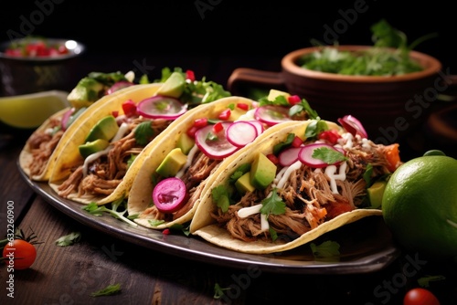 pulled pork tacos with fresh toppings on a plate