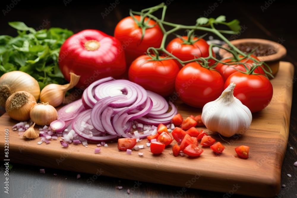 fresh tomatoes, onion, garlic, and chili peppers on a board fresh tomatoes, onion, garlic, and chili peppers on a board