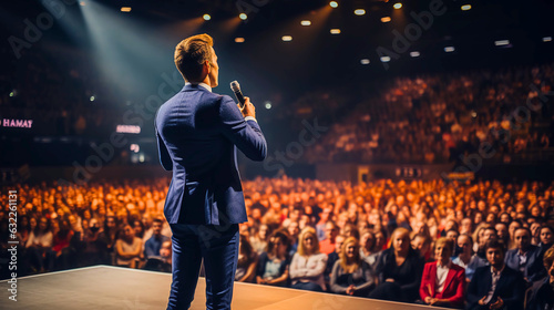 A motivational speaker stands confidently in the middle of the stage during a conference. Capturing the event's professional yet engaging atmosphere, highlighting the speaker's commanding presence.