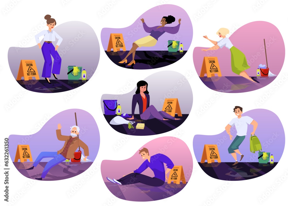 Set of falling people slipped on wet floor flat style, vector illustration Set of falling people slipped on wet floor flat style, vector illustration