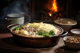 steaming shepherds pie on a rustic table