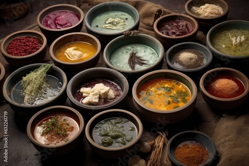close-up of various soup ingredients in bowls