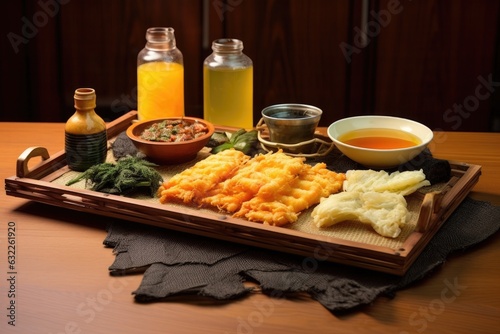 homemade tempura display on bamboo mat