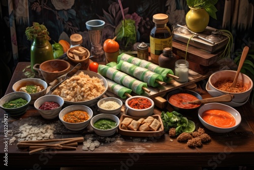 spring roll station with ingredients and utensils