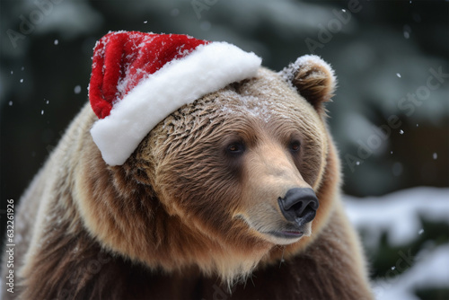 a bear wearing a christmas hat in winter © imur