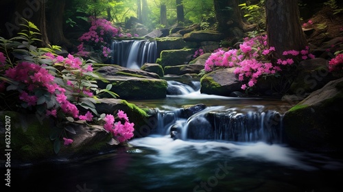  a stream running through a lush green forest filled with pink flowers. generative ai © Anna