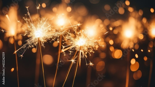 many burning sparklers  blurred lights in background