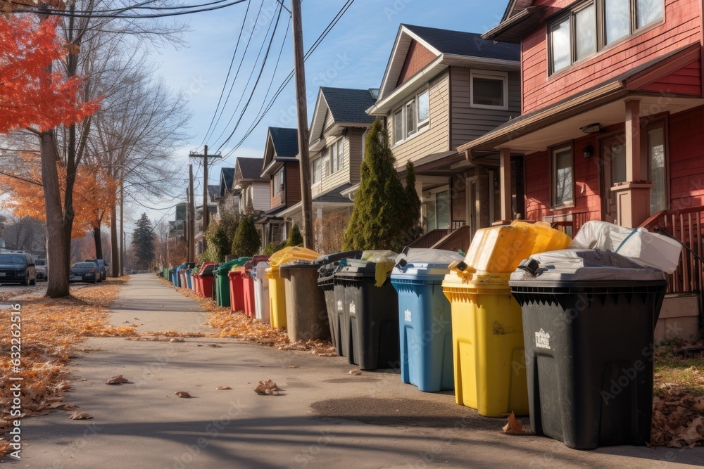 recycling and trash bins lined up, ready for a neighborhood clean-up recycling and trash bins lined up, ready for a neighborhood clean-up