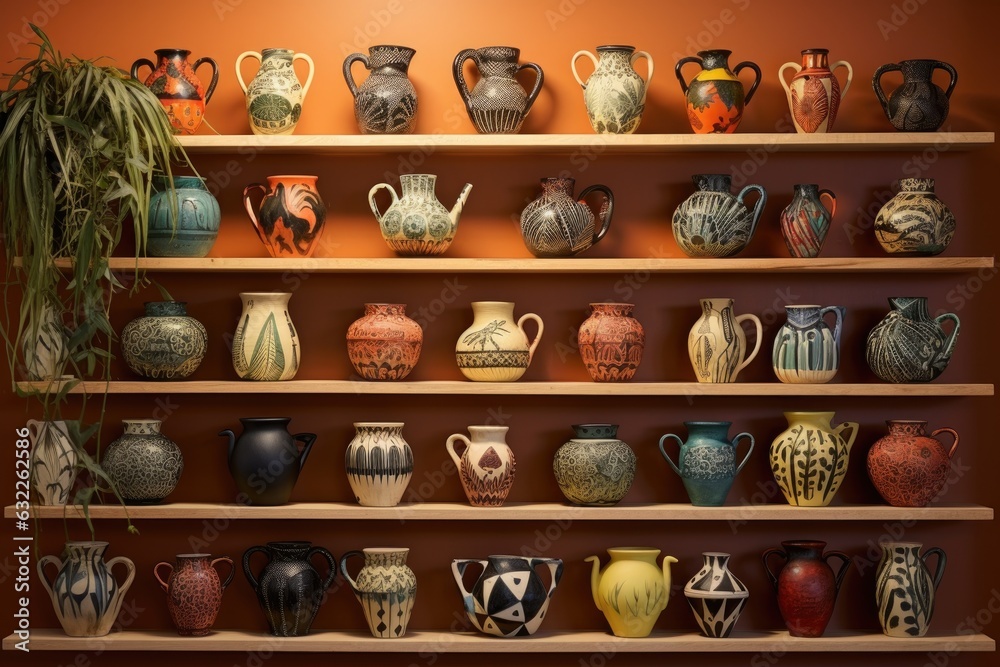 decorative hand-painted pottery arranged in a creative display