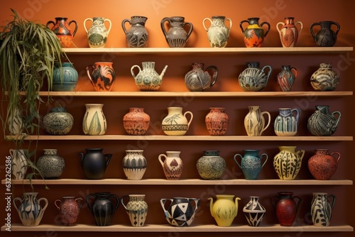 decorative hand-painted pottery arranged in a creative display © altitudevisual