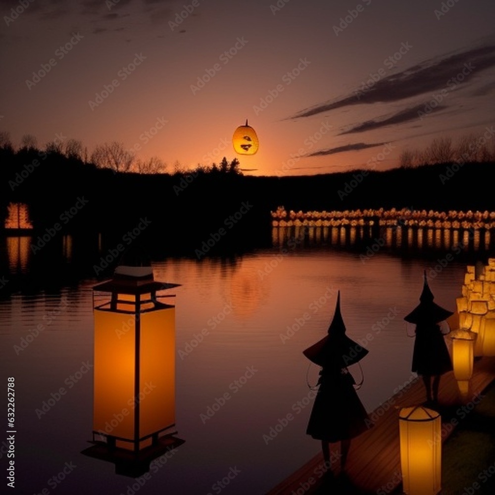 Halloween day night with lamp lightening lake Halloween day night with lamp lightening lake