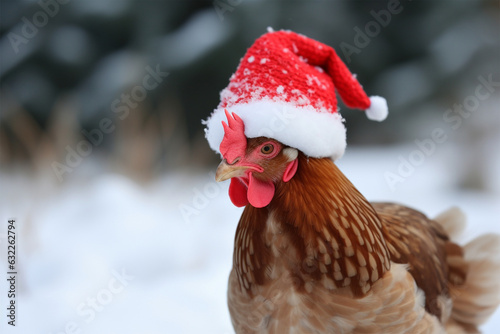 a chicken wearing a christmas hat in winter