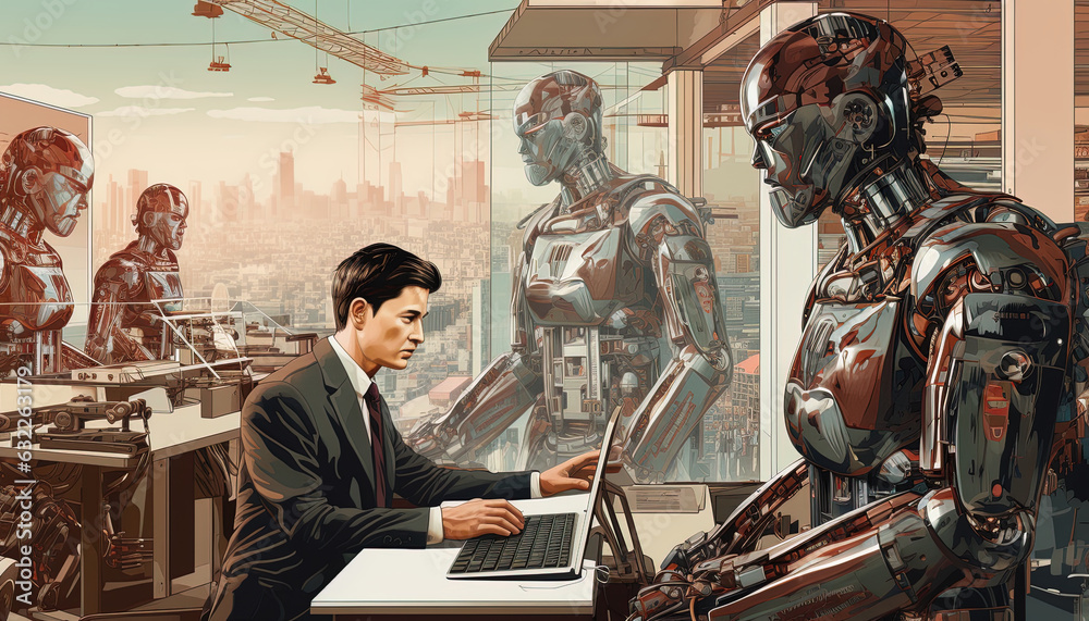 Illustration showing how technological advances reshape the workforce and the nature of work Illustration showing how technological advances reshape the workforce and the nature of work