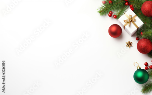 Christmas decorations with gift boxes, christmas tree branches, view from above on white background